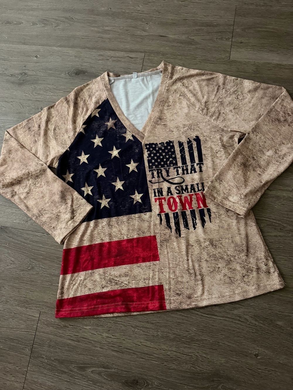 Kids V-Neck Flag Graphic Top - Beige, Red & Navy